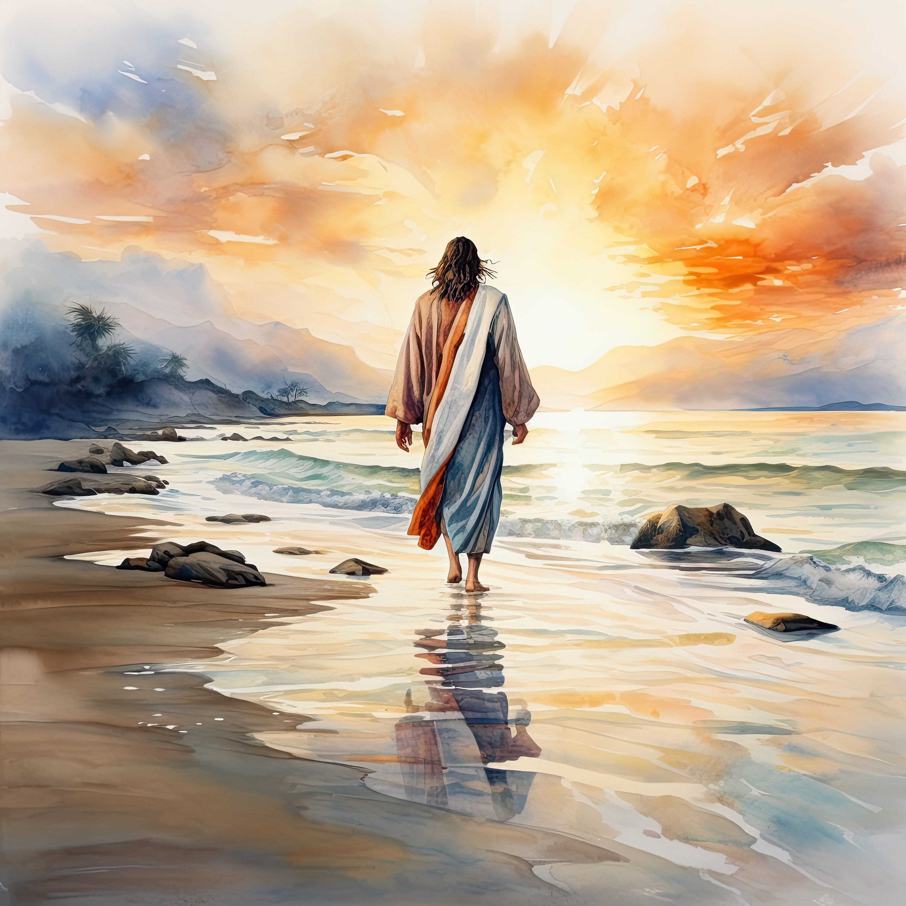 Pictures of Jesus Christ / Watercolor / Walking on the Beach / Jesus