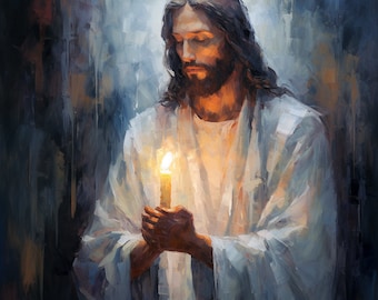May include: A painting of a man with long brown hair and a beard, wearing a white robe, holding a lit candle in his hands. The background is a dark blue and gray.