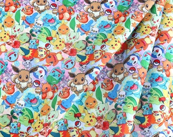 Pokémon-stof, Pikachu-stof, polyester-katoenstof, anime-stof. Verkocht per halve meter en aan één stuk te snijden.