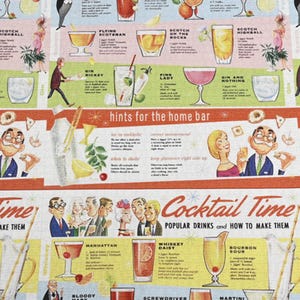 Op de afbeelding: Een vintage-achtige stof met cocktailrecepten en illustraties. Het ontwerp bevat verschillende cocktailnamen zoals "Manhattan" en "Whiskey Daisy", met bijbehorende afbeeldingen en instructies. De woorden "Cocktail Time" zijn prominent aanwezig.