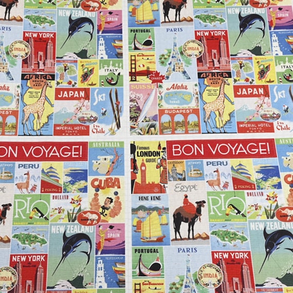 Vintage Travel Poster Fabric 100% Cotton Fabric Sold by 1/2 Yard & Cut Continuously