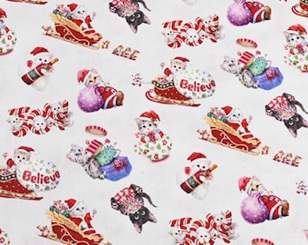 Christmas Kitten Santa Hat Fabric, By the Half Yard, 100% Cotton