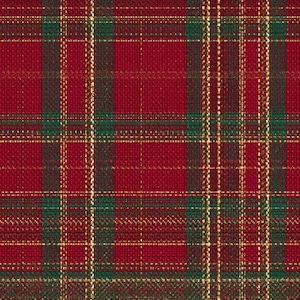 May include: A fabric featuring a classic tartan plaid pattern with a deep red base color, accented by intersecting dark green stripes and thin, bright gold metallic lines that create a grid effect across the entire surface of the material.