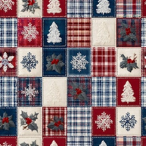 Könnte beinhalten: Ein Stoff mit einem Patchwork-Gittermuster aus abwechselnden roten, blauen und cremefarbenen Quadraten. Die Quadrate zeigen gestickte Motive wie weiße Schneeflocken, blaue Schneeflocken, weiße Tannenbäume sowie grüne Stechpalmenblätter mit roten Beeren.