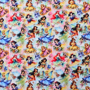 Disney Princesses Fabric Multi Princess pattern Fabric Cartoon Cotton Fabric By the Half Yard