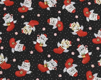 Christmas Kitten Fabric, By the Half Yard, 100% Cotton