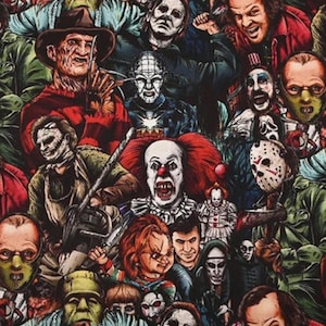 Può includere: Un collage dettagliato di personaggi iconici di film horror, tra cui Freddy Krueger, Pennywise e Jason Voorhees. L'immagine presenta una composizione colorata di vari cattivi, ognuno con il suo aspetto distintivo.