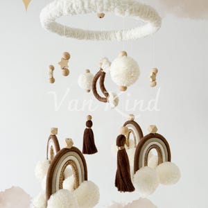 Brown Boho Baby Mobile – Yarn Rainbow, Wooden Beads & Pom Poms for Crib