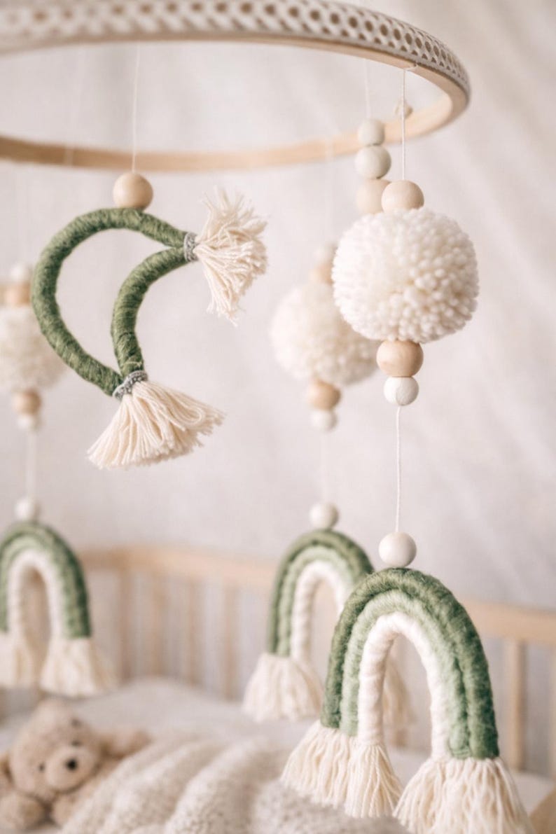 Green Rainbow Baby Mobile, Neutral Nursery Decor, Crib Mobile, Boho Baby Mobile,Macrame Baby Mobile- 26 cm Diameter image 2
