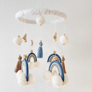Blue Boho Yarn Rainbow Baby Mobile – Nursery Decor with Pom Poms & Wooden Beads