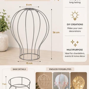 Könnte beinhalten: Ein grauer Metallrahmen für DIY-Dekorationen, ideal für Kronleuchter und Heimdekoration. Der Rahmen ist 36 cm hoch, 15 cm breit an der Basis und 6 cm breit an der Oberseite. Die Basis ist 7 cm hoch und 15 cm breit. Der Text lautet "Create your own magic".