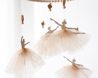 Wooden Ballerina Baby Mobile with Soft Beige Tulle Skirts – Crib Mobile – Neutral Nursery Mobile – Girl’s Room Decor – Baby Shower gift