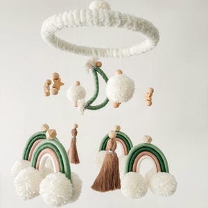 Green Boho Baby Mobile – Yarn Rainbow Nursery Decor with Pom Poms & Wooden Beads