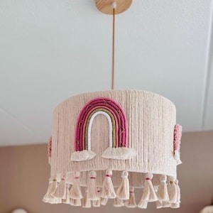 Macrame Nursery Ceiling Lamp – Boho Rainbow Chandelier for Baby Girl Room – Neutral Tassel Pendant Light – Kids Room Decor