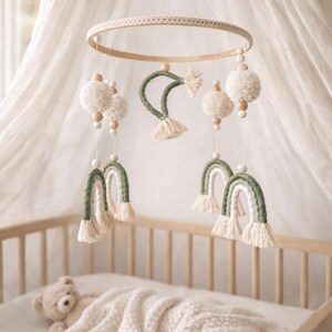 Green Rainbow Baby Mobile, Neutral Nursery Decor, Crib Mobile, Boho Baby Mobile,Macrame Baby Mobile- 26 cm Diameter image 3