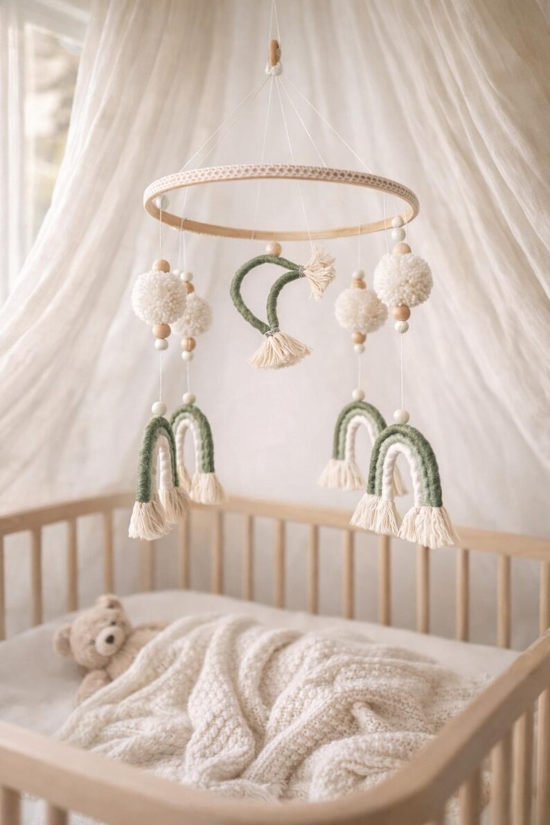 Green Rainbow Baby Mobile, Neutral Nursery Decor, Crib Mobile, Boho Baby Mobile,Macrame Baby Mobile- 26 cm Diameter image 3