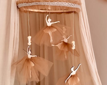 Wooden Ballerina Baby Mobile with Brown color Tulle Skirts, Crib Mobile, Minimalist mobile,Girl's Mobile, Girl's room decor, Elegant Mobile