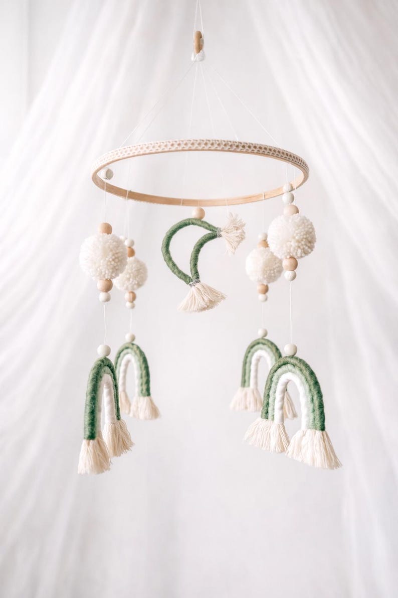 Green Rainbow Baby Mobile, Neutral Nursery Decor, Crib Mobile, Boho Baby Mobile,Macrame Baby Mobile- 26 cm Diameter image 1