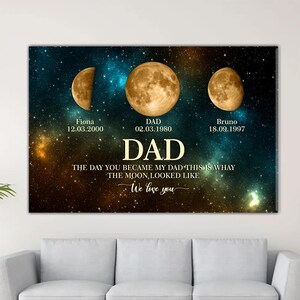 Personalized Dad Birth Moon Phase Canvas Frame with Kids Names, The Days You Became Our Dad, Moons Phase Frame Father&#39;s Day Gift for Dad