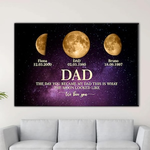 Personalized Dad Birth Moon Phase Canvas Frame with Kids Names, The Days You Became Our Dad, Moons Phase Frame Father&#39;s Day Gift for Dad