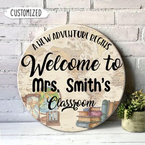 Personalized Welcome Classroom Door Sign, World Map Adventure Themed Classroom Sign, Back to School Gift, Gifts for Teacher, Welcome Signs