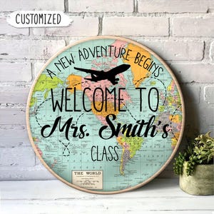 Personalized Welcome Classroom Door Sign, World Map Adventure Themed Classroom Sign, Back to School Gift, Gifts for Teacher, Welcome Signs