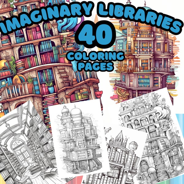 Fantasy  Library Coloring Pages | Enchanted Library Coloring Page Book |  Grayscale Coloring Page | Fantasy Coloring page