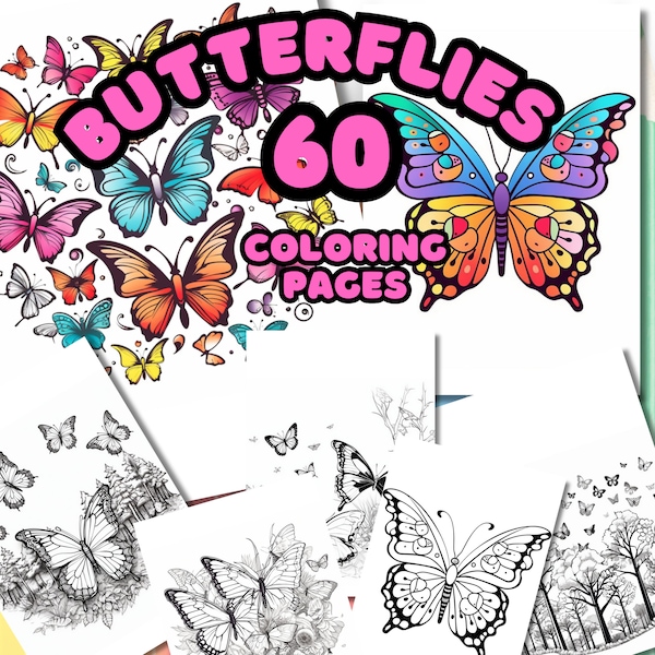 60 Butterflies Coloring Book | Butterfly Coloring Page | Adult Coloring Pages | Adults kids Instant Download | Grayscale Coloring Book