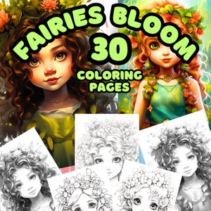 Instant Download Fairies Bloom Color Pages: Fantasy Coloring, Grayscale