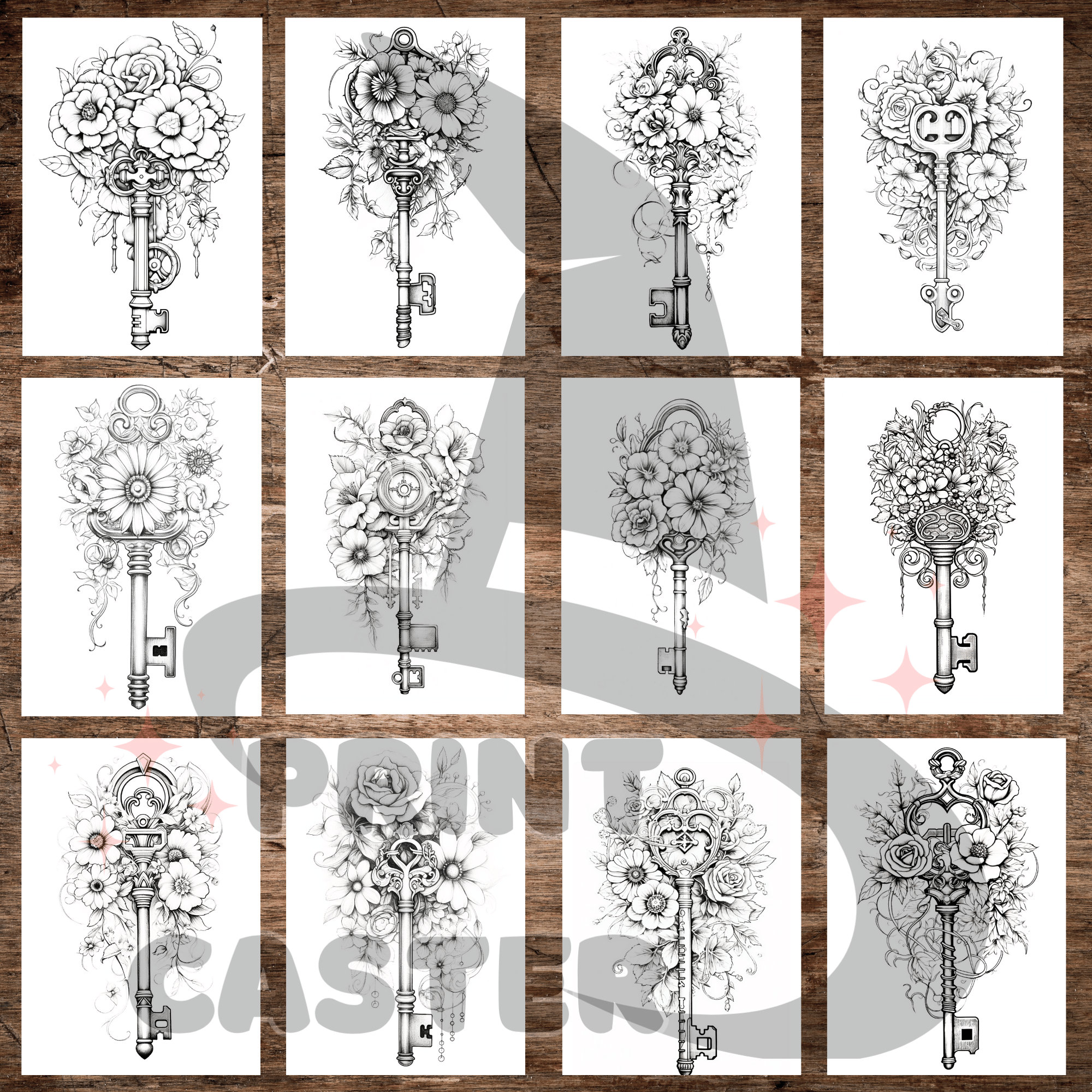 Blooming Antique Keys Coloring, Adult Coloring Book, Flower Key Color ...