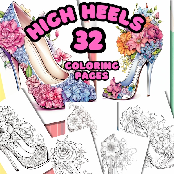 High Heels Coloring Pages - Fashion and Art for Kids and Adults - Detailed Shoes Designs - Digital Download for Instant Creative Fun