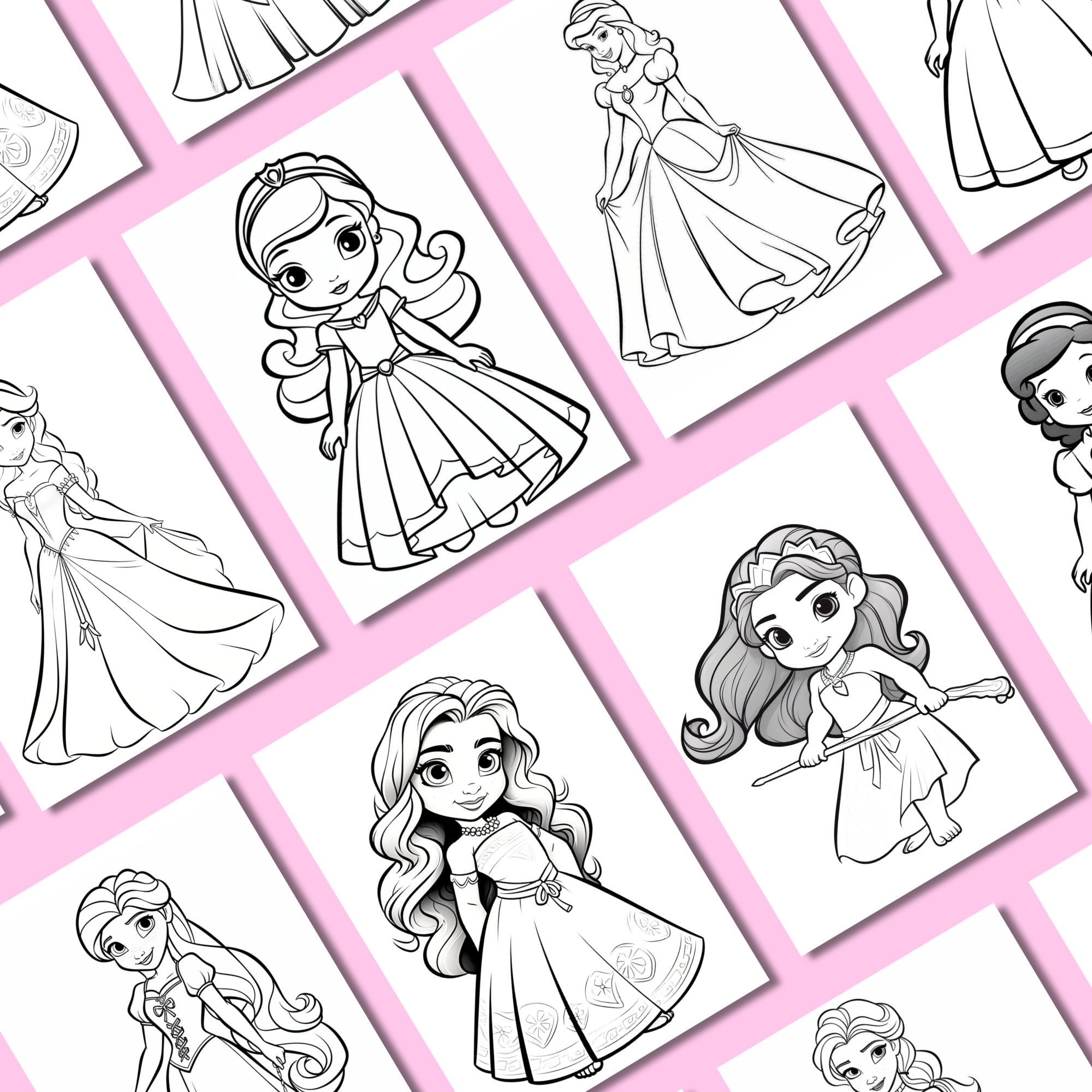 Princess Color Pages: Digital Illustration, Instant Download, Grayscale
