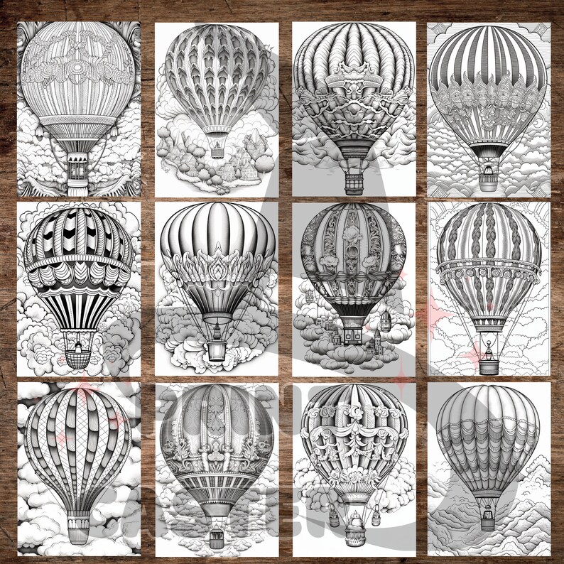 35 Hot Air Balloon Coloring Pages | Grayscale Coloring Pages for Adults