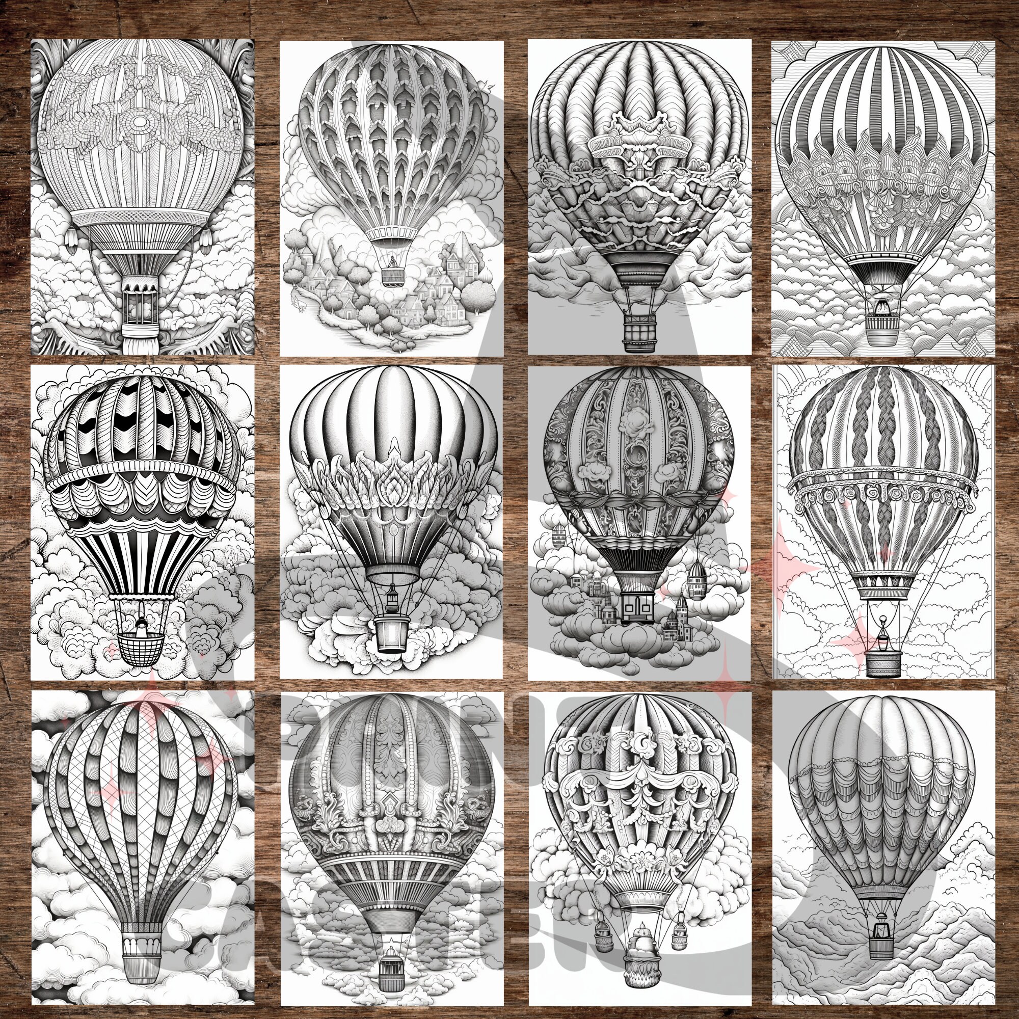 35 Hot Air Balloon Coloring Pages | Grayscale Coloring Pages for Adults