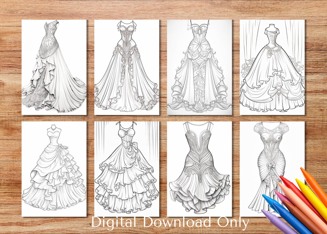 Dresses Coloring Pages Fashion and Color for Kids and Adults Detailed