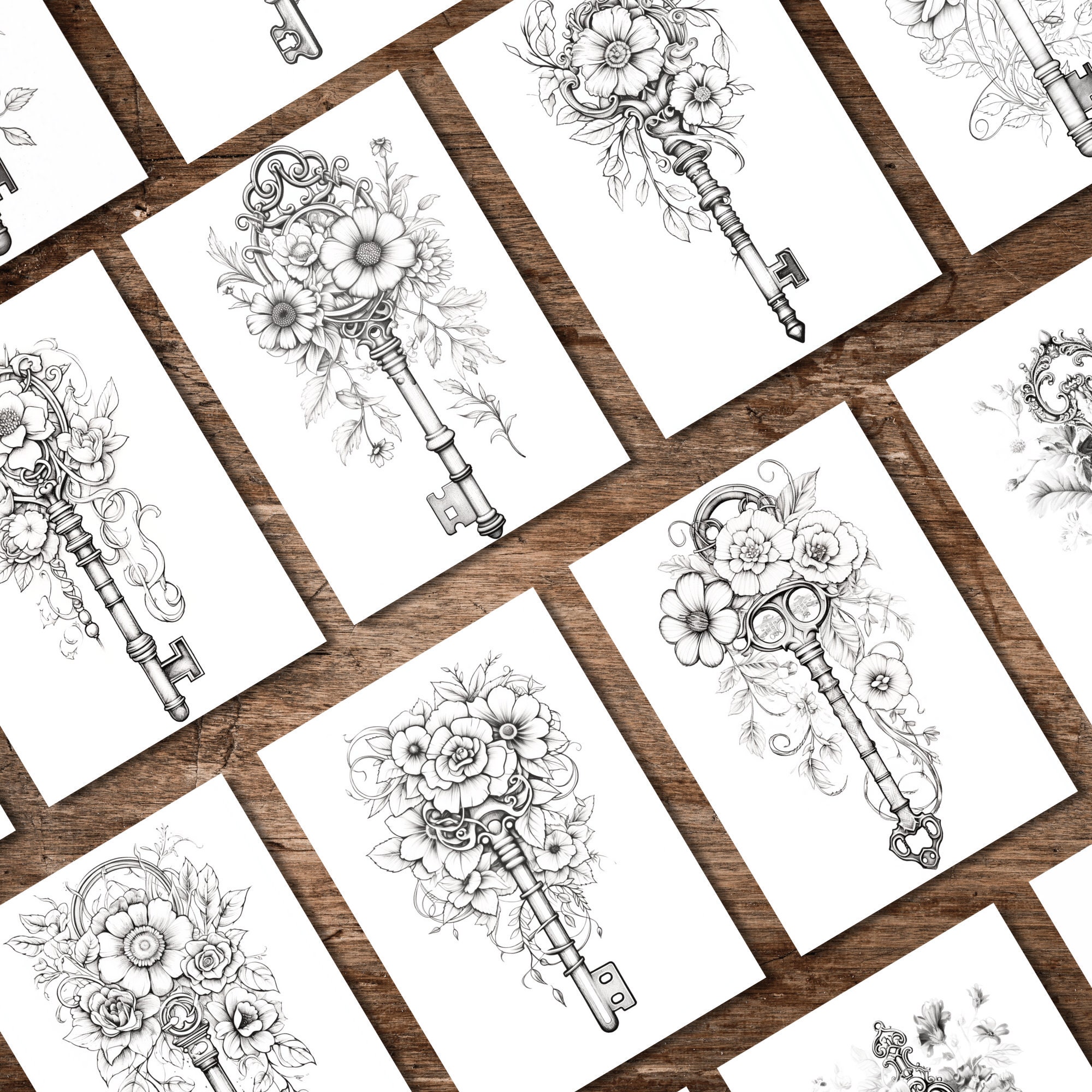 Blooming Antique Keys Coloring, Adult Coloring Book, Flower Key Color ...