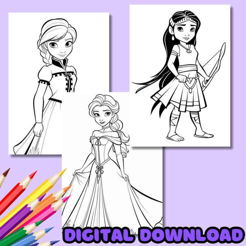 Princess Color Pages: Digital Illustration Instant Download - Etsy