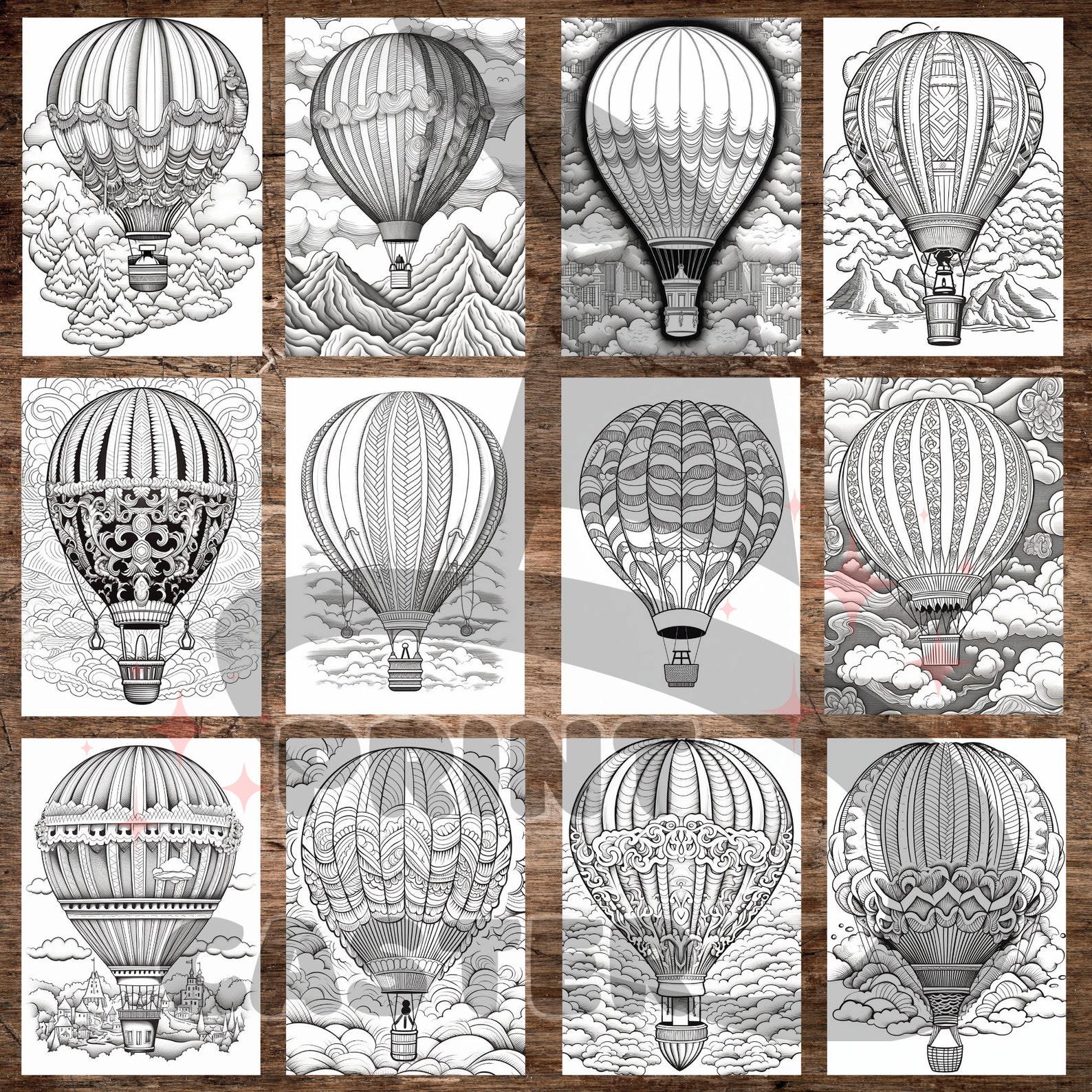 35 Hot Air Balloon Coloring Pages | Grayscale Coloring Pages for Adults