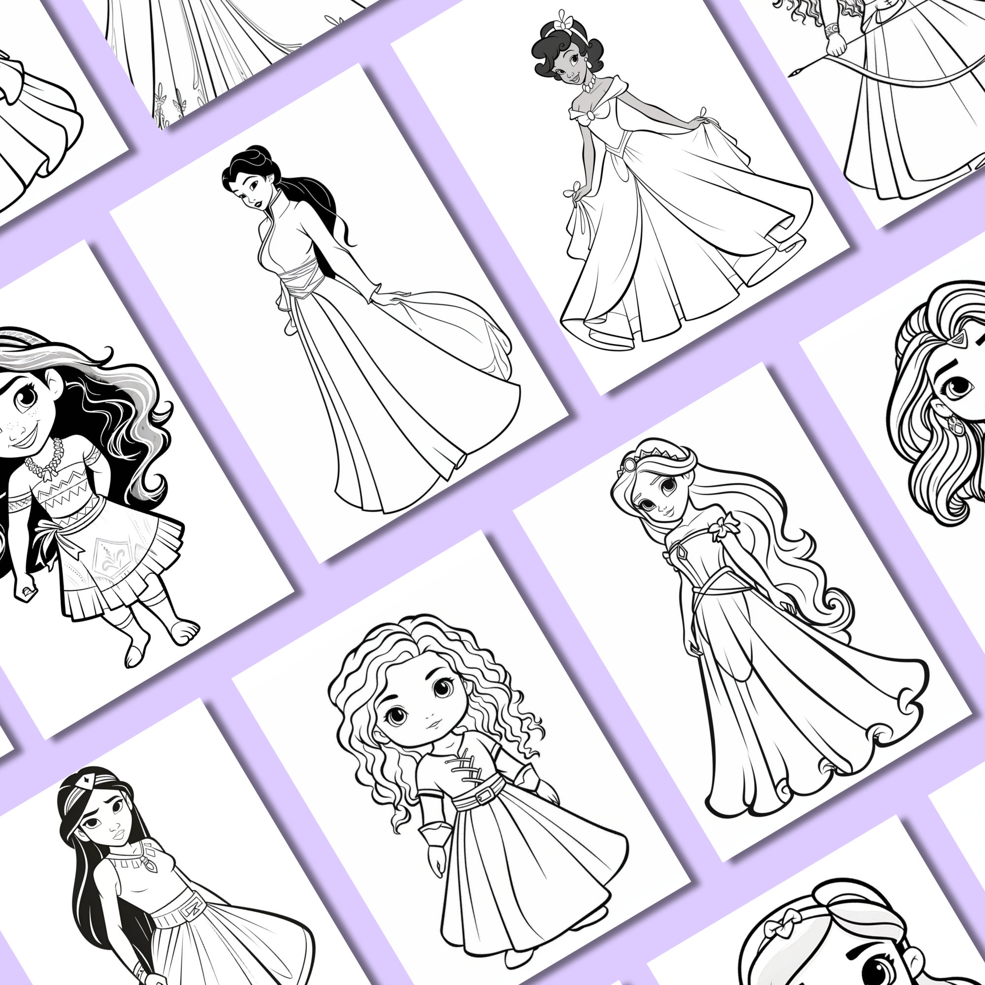 Princess Color Pages: Digital Illustration, Instant Download, Grayscale