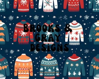 Puede incluir: Un patrón sin costuras que presenta suéteres navideños coloridos con varios diseños sobre un fondo azul oscuro con copos de nieve blancos. El texto "Brooks & Gray Designs" está en el centro de la imagen.