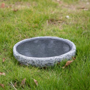 Op de afbeelding: Een ronde, grijze stenen vogelbad met een glad, zwart interieur. Het vogelbad staat op een bed van groen gras.
