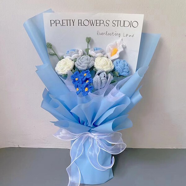 crochet bouquet,handmade flower,knitted bouquet,blue bouquet,gift for girlfriend,home decor,birthday gift,wedding gift,anniversary gift