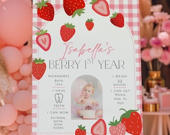 Berry First Birthday Milestone Poster, Editable Strawberry 1st Birthday Party Sign, Printable First Birthday Poster, Milestone Board