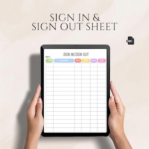 Könnte beinhalten: Ein digitales An- und Abwesenheitsblatt auf einem Tablet. Das Blatt hat Spalten für Datum, Mitarbeitername, Ankunftszeit, Abwesenheitszeit und Initialen. Der Text "SIGN IN & SIGN OUT SHEET" steht oben. Ein PDF-Symbol befindet sich in der oberen rechten Ecke.