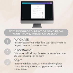 May include: A computer monitor displays a massage therapy form. Below the monitor is a graphic with the text: "EDIT, DOWNLOAD, PRINT OR SEND FROM YOUR PHONE, TABLET OR DESKTOP." The graphic also includes numbered steps for purchasing, personalizing, and printing the form.