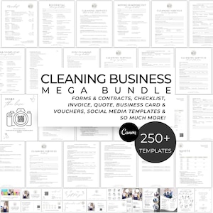 May include: A collection of white cleaning business forms, contracts, checklists, invoices, quotes, business cards, vouchers, and social media templates. The image includes the text "CLEANING BUSINESS MEGA BUNDLE" and "250+ TEMPLATES".