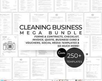 Cleaning Business Bundle containing Forms, Contracts, Service Agreements, Flyers, Social Media Posts, Business Cards and Checklists (Canva)