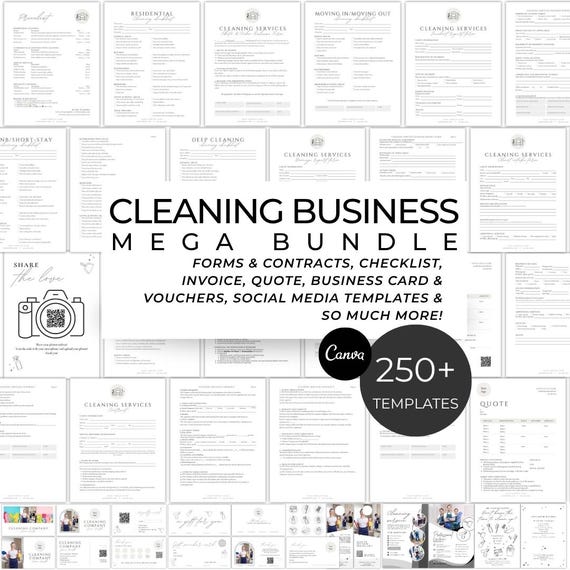 Cleaning Business Bundle containing Forms, Contracts, Service Agreements, Flyers, Social Media Posts, Business Cards and Checklists (Canva)