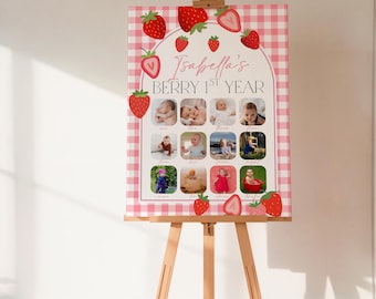 Affiche de premier anniversaire Berry, panneau modifiable de fête de 1er anniversaire fraise, affiche imprimable de premier anniversaire, panneau d'étape