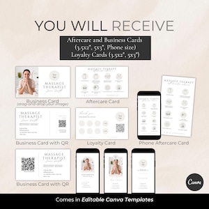 May include: A promotional image showcasing various business and loyalty card templates for massage therapists. The design includes business cards, aftercare cards, and loyalty cards, along with phone-sized aftercare card templates. The text reads "YOU WILL RECEIVE" and "Comes in Editable Canva Templates."